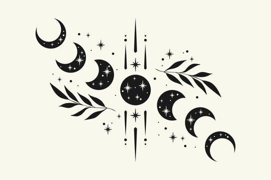 Floral moon phase vector illustration. Crescent and floral moon vintage logo design. 