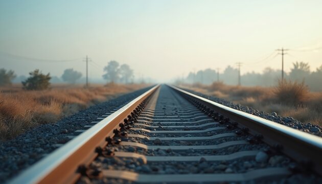 Railroad tracks stretch into distance under soft hazy sky. Dry grass grows along gravel bed. Telegraph poles follow path. Train line goes on horizon.