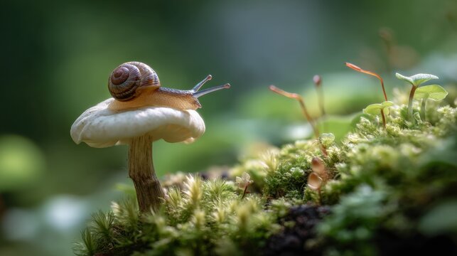 Snail on mushroom in lush forest scene with green moss and tiny plants.