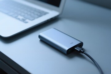 Portable power bank connected to a laptop for charging on a desk, showcasing modern technology and convenient energy solutions