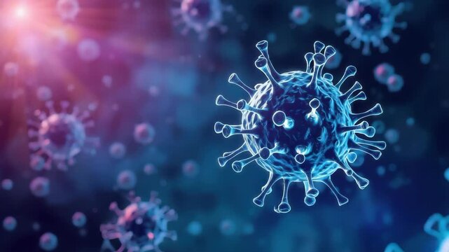 Blue virus particle close up microscopic spike close up glowing spikes blurred particles dramatic