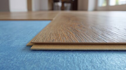 Close-up of laminate wood flooring installation on blue underlayment during home renovation