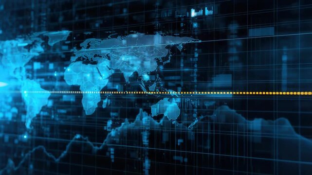 Digital world map glowing data and network visualization for global digital technology connectivity