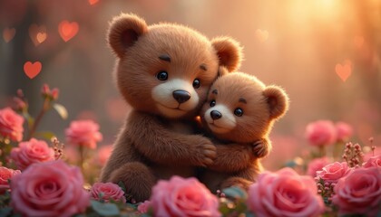 Mama bear hugs baby bear tightly amongst pink roses and heart bokeh. Adorable teddy bears share tender moment in soft warm light. Sweet scene celebrates love and family bonds.