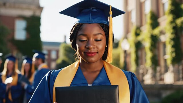 Confident Graduate with Diploma - A young woman in a graduation gown smiles confidently while holding her diploma.
