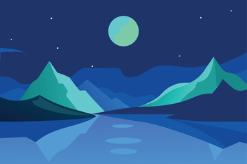 Fototapeta premium Moonlit Alpine Lake With Aurora Borealis In Iceland