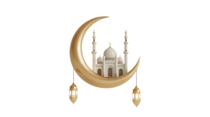 Gold crescent moon with mosque and lanterns isolated on transparent background transparent background