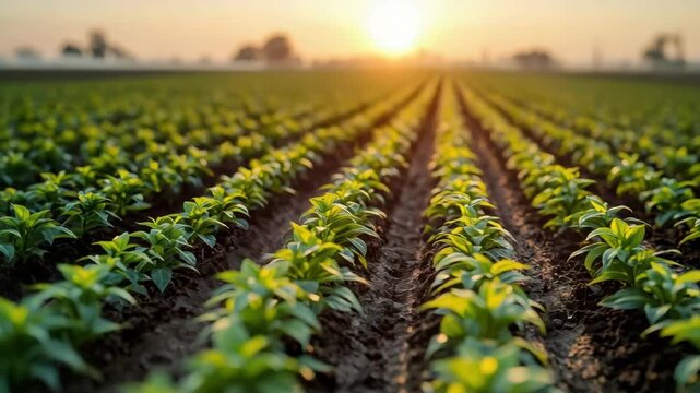 Crop seedling field sunrise soil row warming glow of young seedlings in neat planted rows