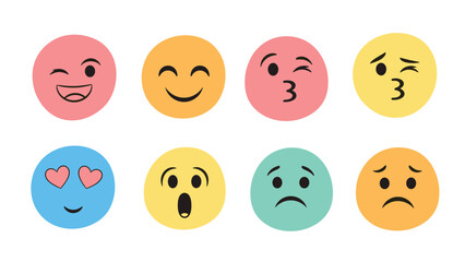 Fototapeta premium Collection of eight diverse emoji faces in various colors showing expressions of happiness, love, surprise, sadness, and playfulness on white.