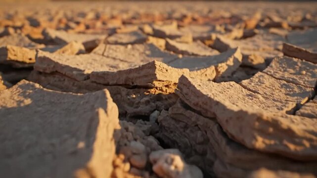 Dry cracked earth surface viewed from a low angle, showcasing the rugged texture and terrain of a parched landscape close-up.