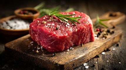 Raw gourmet beef steak seasoned with pepper on a wooden board ready for cooking a fresh red meat dinner meal