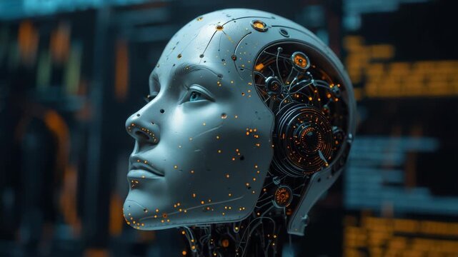Futuristic humanoid robot profile with glowing metallic circuitry and contemplative head showing