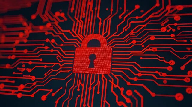 Red digital padlock circuit board pattern symbolizing digital network security protection and cyber