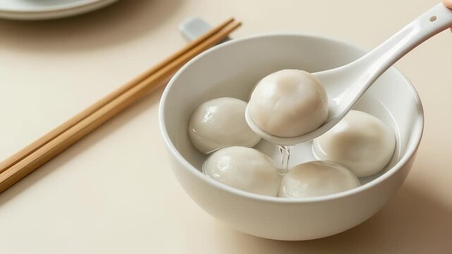 Spoon scooping a soft glutinous rice ball from a white porcelain bowl