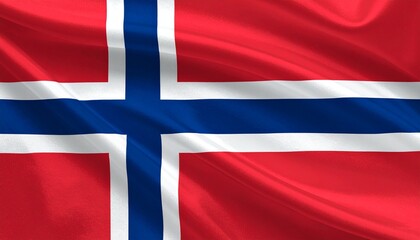 Fototapeta premium National flag of Norway with red field and blue cross outlined in white, shifted toward the hoist. Symbolizes Nordic unity, freedom, and heritage with bold, symmetrical, and iconic design.