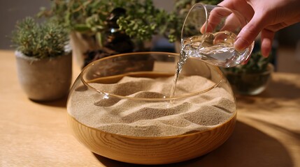 A fresh glass of milk and healthy water are poured into glassware on a wooden table alongside a natural breakfast bowl, spoon, and cream ingredients for a wellness meal