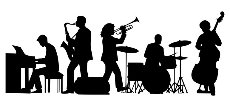 A clean  black silhouette of a five-piece jazz band performing. The ensemble includes a pianist, saxophonist, trumpeter, drummer, and double bass player.