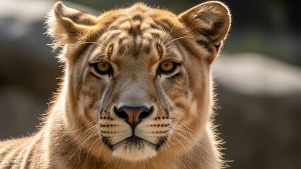 Obraz premium A fierce wild predator feline portrait of a big cat lion with majestic fur and intense eyes captured in a close up nature safari head shot
