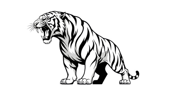 a fierce, stylized vector illustration of a muscular tiger roaring in profile, bold black stripes against a transparent background with ample copy space. graphic power emblem concept