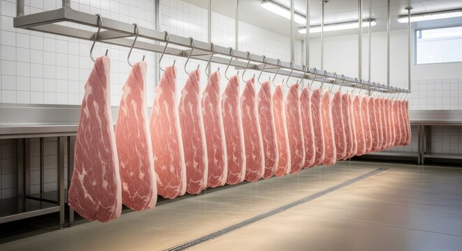 Raw ham slices meticulously hung on industrial hooks in a bright meat processing facility, ready for distribution