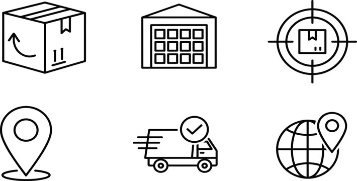 Logistics and shipping line icon set featuring delivery box, warehouse, tracking target, location pin, fast delivery truck, and global distribution.