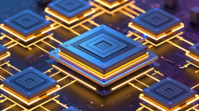 Glowing stacked microchip circuit motherboard processor semiconductor technology glowing neon