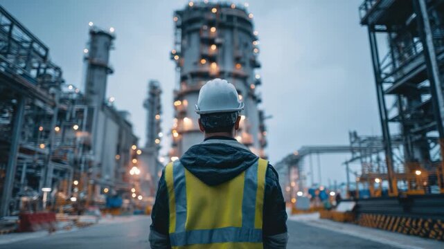 The Builder in Industrial Complex: A diligent builder stands at the heart of an industrial complex at dawn, a sentinel of progress in an environment of industry and innovation.