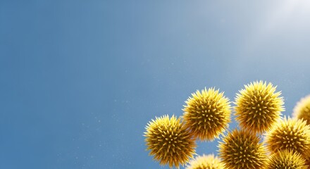 Obraz premium Airborne pollen grains floating against a bright blue sky, a health and seasonal allergy concept for pollen forecasts