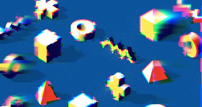Abstract isometric 3D shapes with contrast shadows and dotwork texture on blue background
