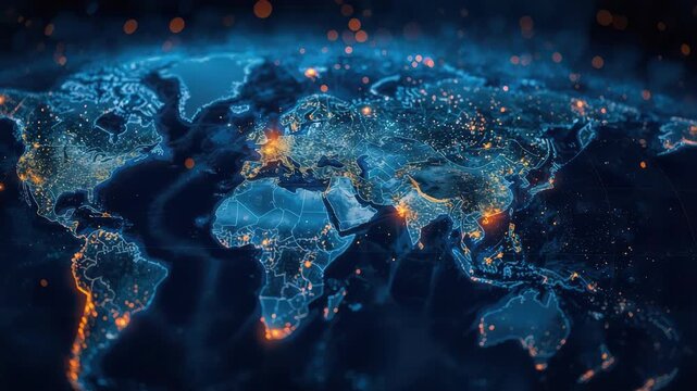 Glowing digital world map with illuminated city network and dynamic futuristic data visualization