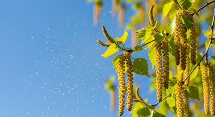 Naklejka premium Flowering trees releasing visible pollen against a clear blue sky, illustrating the spring allergy season and pollen forecasts concept