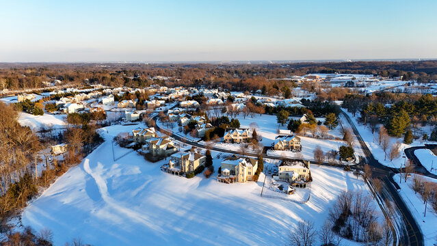 A single-family house community in Garnet Valley, Delaware county, suburb of Philadelphia, Pennsylvania after snow in winter