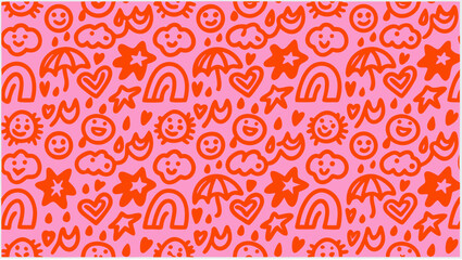 Vibrant whimsical pattern of cute cartoon faces and symbols