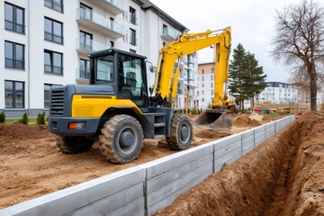 Obraz premium Excavator working on urban residential construction site