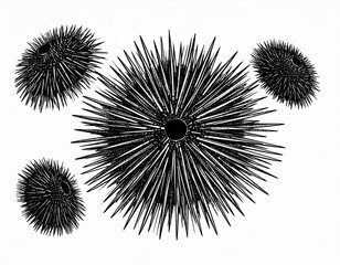 Sea hedgehogs or urchin of black color. Sea urchin illustration, drawing, engraving