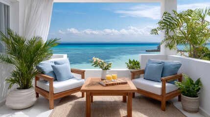 Fototapeta premium Tropical resort balcony overlooking vibrant turquoise ocean