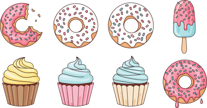Cute pastel dessert set with donuts cupcakes and ice cream popsicle in playful hand drawn flat illustration style