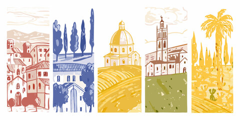 Naklejka premium Illustrative travel poster featuring iconic landmarks of italy