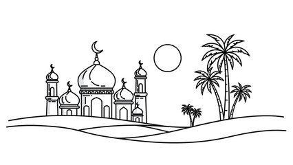 Obraz premium Serene landscape featuring a majestic mosque with domes and minarets set against a backdrop of rolling hills palm trees and a circular sun evoking a sense of peace and spiritual beauty, Generative AI.