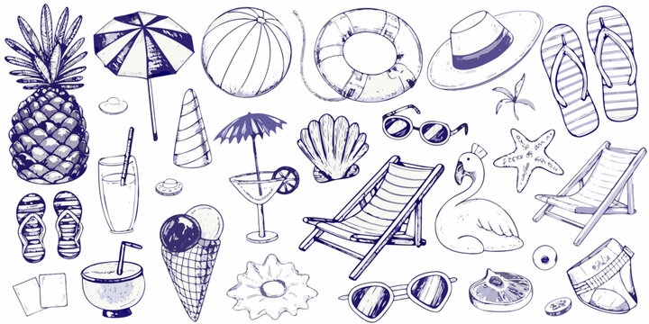 A collection of hand drawn summer themed items and beach accessories