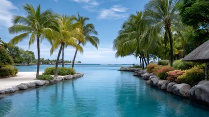 Naklejka premium Tropical lagoon connecting a resort to the ocean in Mauritius