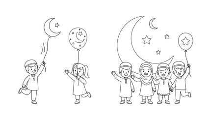 Joyful Muslim children celebrating Eid al-Fitr holding balloons with crescent moons and stars under a large moon and starry sky symbolizing festive greetings and holiday cheer, Generative AI.