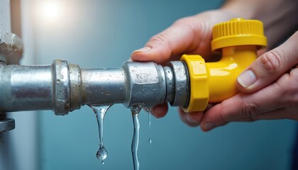 Hands repair leaking pipe with yellow valve. Water drips down, showing urgent need for maintenance and plumbing fix. Professional service ensures safety.