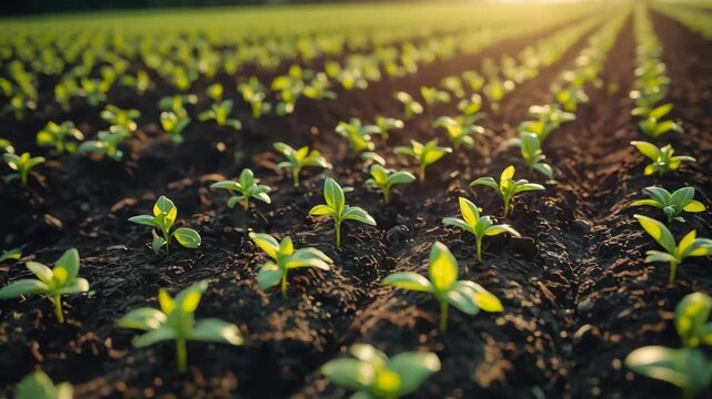 Sunrise sunlight seedling sprout soil row vibrant young green seedlings sprouting neat rows warm