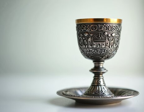 Ornate silver kiddush cup with Hebrew text and etched buildings rests on matching saucer. This ceremonial goblet is used for Jewish blessings and holidays. Gold rim detail adds elegance.