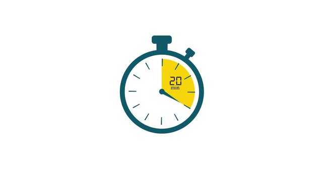 20 Minute Analog Clock Icon Animation - Twenty Minutes Time Duration and Schedule Concept on Flat Animated Clock.
