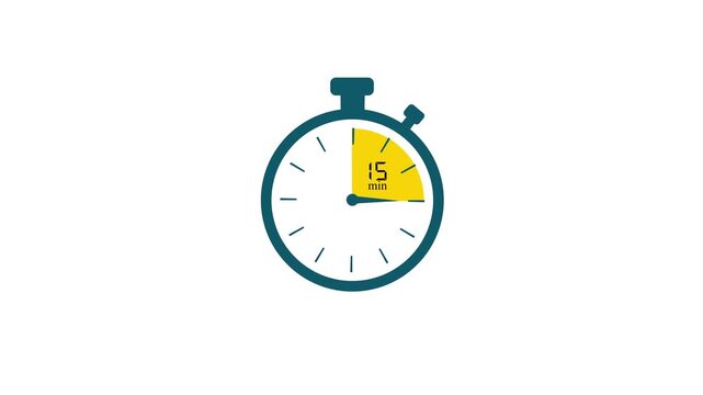 15 Minute Analog Clock Icon Animation - 15 Minutes Time Duration and Schedule Concept on Flat Animated Clock.