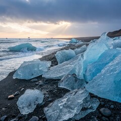 Jagged blue ice shards washed ashore on a black sand beach under dramatic cloudy skies