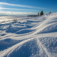 Sparkling snowdrifts sculpted by wind along a frozen lakeside landscape under a clear blue sky