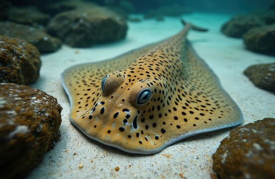 Spotted whipray glides over sandy bottom. Leopard stingray with unique pattern swims in clear blue ocean water. Marine life in natural habitat, underwater view of exotic animal.